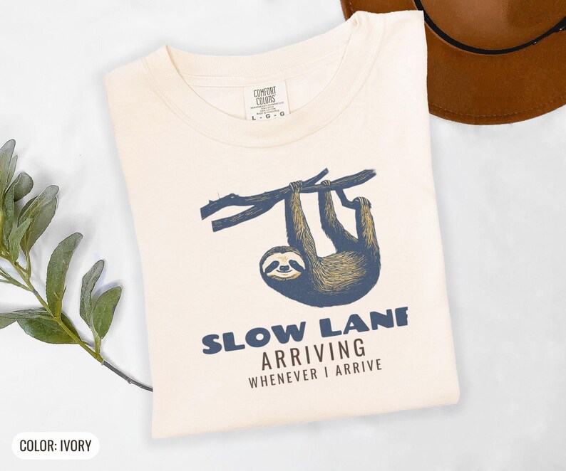 Slow Lane Shirt, Funny Sloth Tee, Laid Back Gift, Khaki Comfort Colors Tee image 8