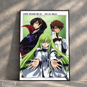 Puede incluir: Un póster enmarcado con tres personajes de anime de Code Geass R2-15 The Cs' World. Un personaje central de pelo largo verde extiende las manos, flanqueado por un personaje de pelo oscuro con capa negra y otro con armadura blanca.