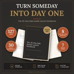 Op de afbeelding: Een digitaal werkboek getiteld The 30-Day Side Hustle Launch Workbook met 127 pagina's, 8 modules, 30 werkbladen en 7 bonus-tools. De omslag is zwart met witte tekst en een printbaar PDF-label. Inclusief directe download, tabletgebruik en US Letter- en A4-formaten.