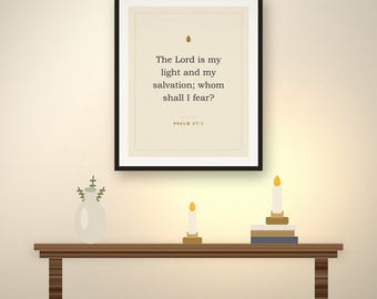 Wydrukowana grafika ścienna z wersetem biblijnym, Pan jest moim światłem i moim zbawieniem, Psalm 27:1, Biblia Króla Jakuba, Wystrój chrześcijański, Natychmiastowe pobranie