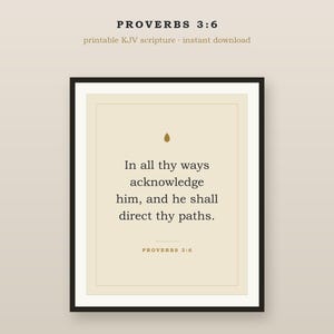 Op de afbeelding: Een ingelijste wandkunstprint met de tekst PROVERBS 3:6 aan de boven- en onderkant. In het midden staat het vers: In all thy ways acknowledge him, and he shall direct thy paths. Het ontwerp gebruikt donkerbruine tekst op een lichtbeige achtergrond.