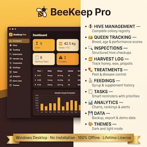 Puede incluir: Interfaz del software BeeKeep Pro que muestra un panel con estadísticas de colmenas, gráficos de producción de miel y una lista de funciones que incluyen gestión de colmenas, seguimiento de reinas, inspecciones, registros y análisis.
