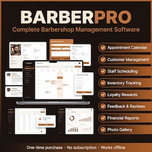 Könnte beinhalten: BARBERPRO Software-Oberfläche auf einem Laptop-Bildschirm mit mehreren Pop-up-Fenstern, die Terminkalender, Kundenprofile und Finanzberichte zeigen. Eine Liste der Funktionen umfasst Terminkalender, Kundenverwaltung und Bestandsverfolgung.
