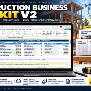 Puede incluir: Un kit de herramientas digitales para empresas de construcción V2 en una pantalla de portátil con un panel de Excel. Incluye un libro de Excel de 13 hojas, 7 plantillas de cliente editables y un SOP de flujo de trabajo empresarial.