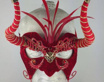 Velvet Costume Mask, Red Masquerade Mask, Cosplay Event Mask, Devil Halloween Mask, Mardi Gras Mask,Red Demoness Costume Mask,Horned Costume