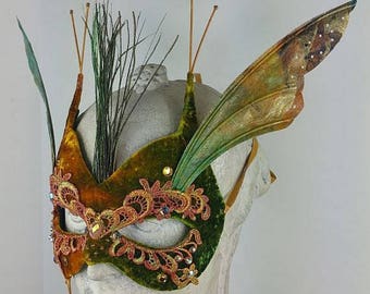 Green Costume Mask, Costume Copper, Masquerade Mask, Faerie Wing Costume, Masquerade Ball Mask, Halloween Costume, Fantasy Masquerade