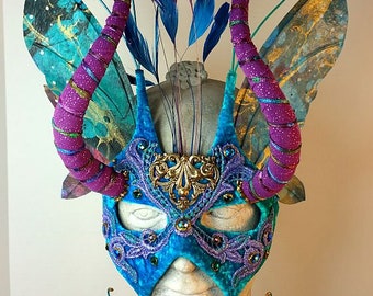 Handmade Blue Velvet Masquerade Mask: Feather & Horn Design