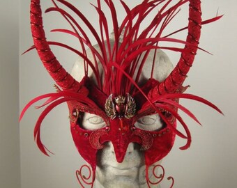 red demon costume mask, red devil masquerade mask, masquerade mask, red heart costume, masquerade demoness mask, masquerade horned costume