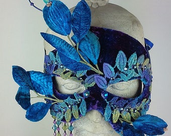 Blue Costume Mask, Ivy Mask Blue, Mask Velvet Leaf, Costume Mask, Halloween Mask, Mardi Gras, Festival Masquerade, Faerie Masquerade Mask