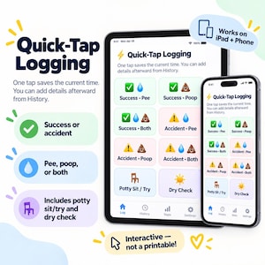 May include: A digital app interface displayed on a tablet and smartphone titled Quick-Tap Logging. The screen features buttons for tracking bathroom habits with icons for success, accidents, pee, poop, potty sitting, and dry checks for daily use.