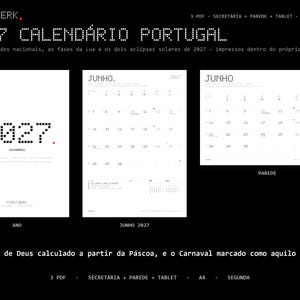 Calendário 2027 Imprimível com Feriados Portugueses, Fases da Lua, Semanas e Eclipses, Calendário de Parede e Secretária PDF
