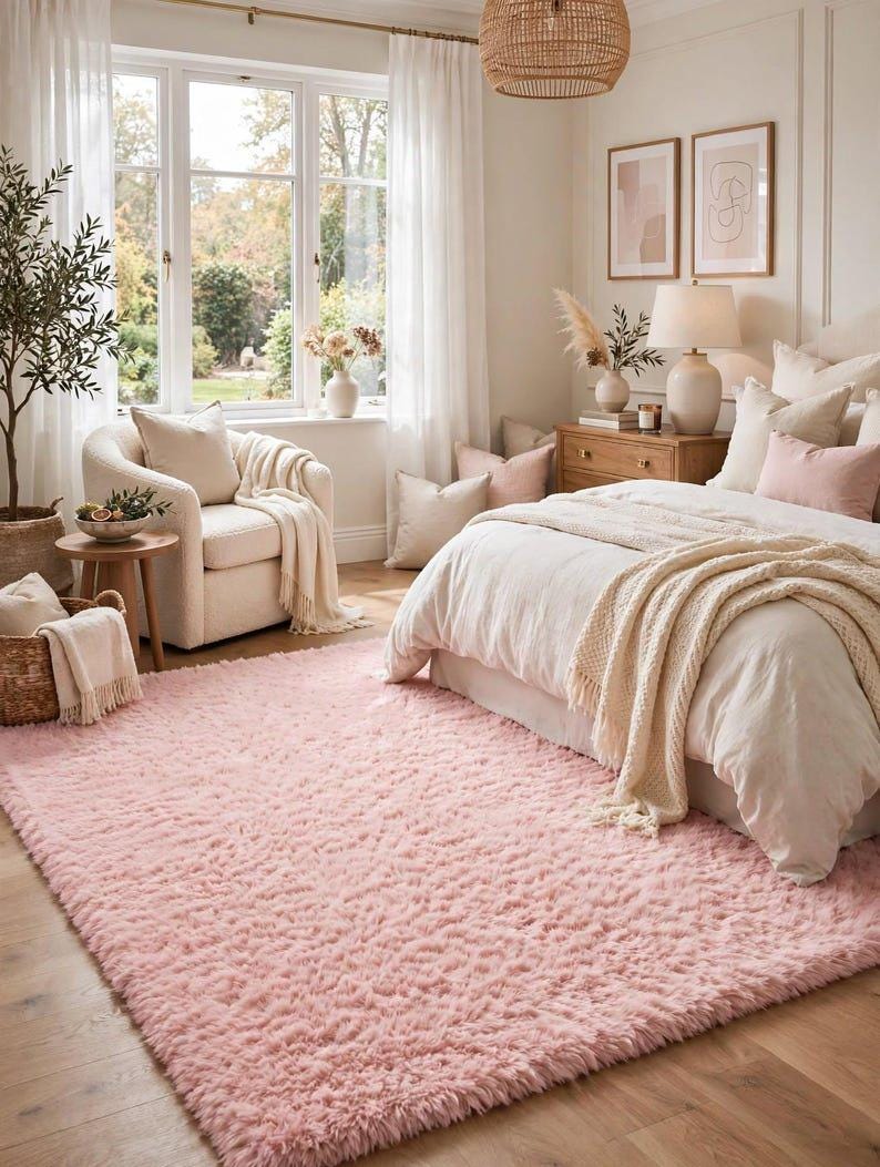 Rosé Cloud Pink Round Wool Rug, 100% New Zealand Wool Hand Woven Shag ...