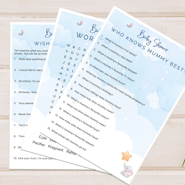 Games baby shower elephant, Blue, instant download, print at home, entertainment, quiz, sip n see, gender reveal, multiple games, bingo