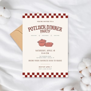 Op de afbeelding: Een rechthoekige uitnodigingskaart met een rood-witte geblokte rand aan de boven- en onderkant. De tekst luidt: YOU'RE INVITED TO A POTLUCK DINNER PARTY, GOOD FOOD, GOOD FRIENDS, GOOD TIMES, SATURDAY, APRIL 18, 6:00 PM, THE JOHNSON HOME, 123 MAPLE STREET, DALLAS, TX, BRING YOUR FAVORITE DISH TO SHARE, RSVP BY APRIL 7, EMILY, (555) 123-4567. Een tekening van een pan en een ovenschaal staat in het midden.
