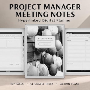 May include: A digital project manager meeting notes planner with a black and white cover featuring construction hard hats. The interface displays meeting agenda, attendee, and action plan sections with a clickable index and 407 pages total.