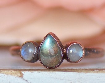 Boho Ring Engagement Ring Multi Stone Ring Stacking Ring Electroformed Jewelry Raw Stone Ring Gift For Her Labradorite Moonstone Ring