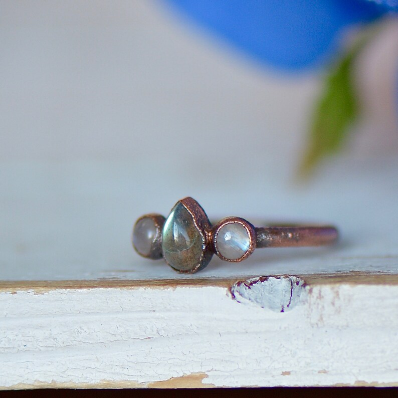 Boho Ring Engagement Ring Multi Stone Ring Stacking Ring Electroformed Jewelry Raw Stone Ring Gift For Her Labradorite Moonstone Ring