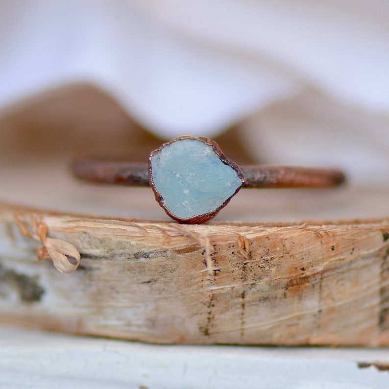 Raw Crystal Ring Aquamarine Ring Unique Gift for Her Electroformed Jewelry Stacking Ring March Birthstone Ring Blue Ring Boho Ring