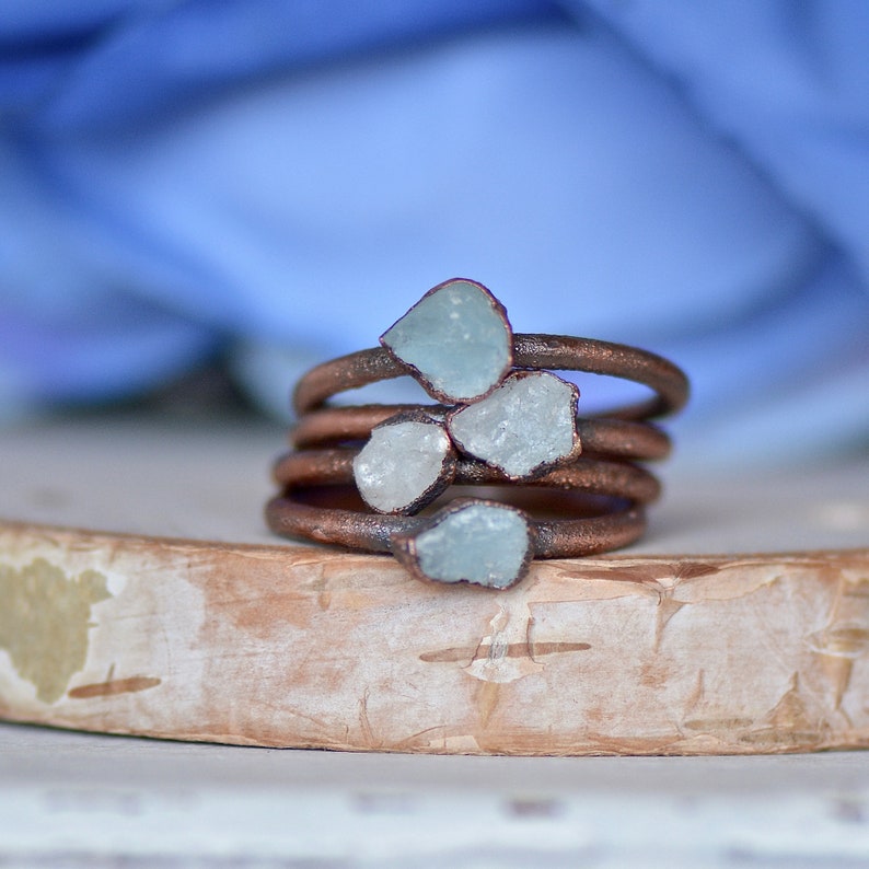 Raw Crystal Ring Aquamarine Ring Unique Gift for Her Electroformed Jewelry Stacking Ring March Birthstone Ring Blue Ring Boho Ring