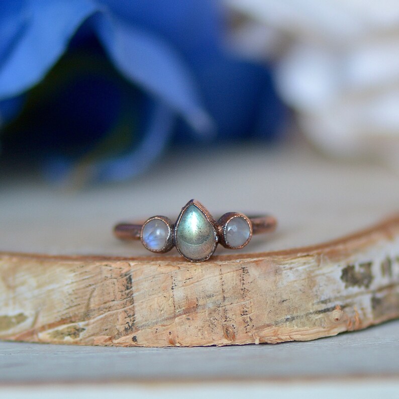 Boho Ring Engagement Ring Multi Stone Ring Stacking Ring Electroformed Jewelry Raw Stone Ring Gift For Her Labradorite Moonstone Ring
