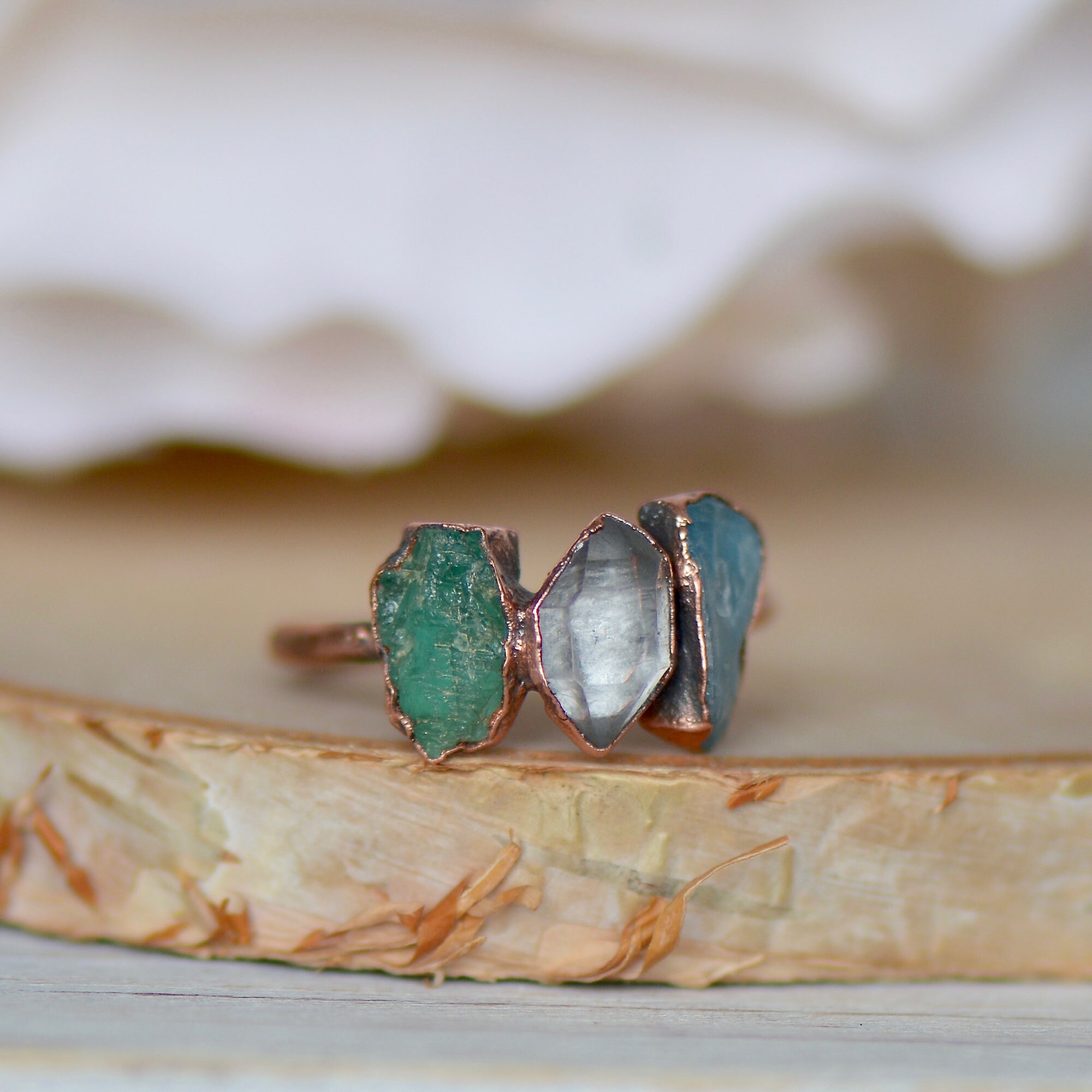 Emerald Herkimer Ring Multi Stone Ring Raw Aquamarine Ring | Etsy