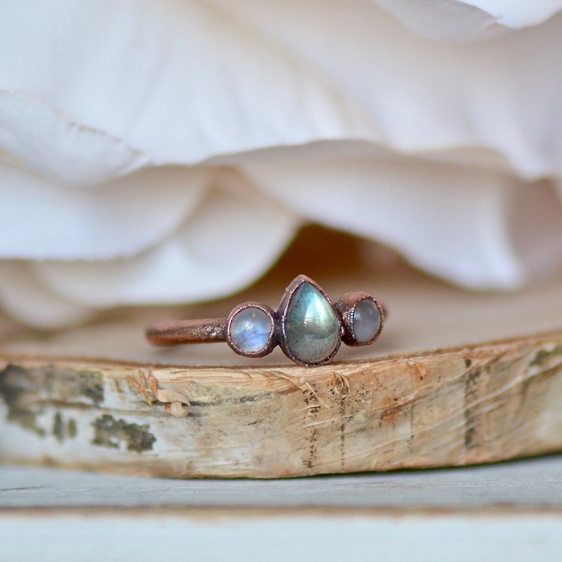 Boho Ring Engagement Ring Multi Stone Ring Stacking Ring Electroformed Jewelry Raw Stone Ring Gift For Her Labradorite Moonstone Ring