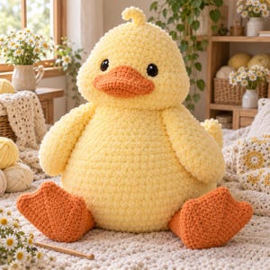 Pode incluir: Um brinquedo de pato em crochê amarelo com um acabamento de fio macio e texturizado. O pato apresenta um bico laranja brilhante, grandes olhos pretos de segurança e dois pés palmados laranja. Possui um corpo arredondado e um pequeno tufo.