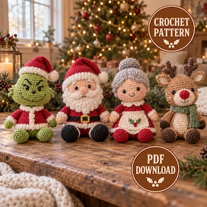 May include: Four crocheted Christmas figures including a green character in a Santa suit, Santa Claus, Mrs. Claus, and a reindeer with a green scarf. The text CROCHET PATTERN and PDF DOWNLOAD are visible in circular overlays on the image.