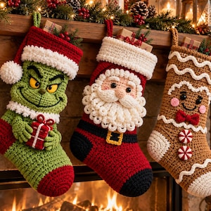 Può includere: Tre calze natalizie all'uncinetto con disegni di personaggi. A sinistra un Grinch verde con un regalo rosso, al centro Babbo Natale con barba bianca e cintura nera, a destra un omino di pan di zenzero marrone con glassa bianca.