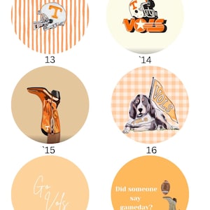 May include: Six circular stickers featuring Tennessee Volunteers themes. Designs include a football helmet on stripes, a Vols logo, a cowboy boot, a dog with a flag, the text Go Vols, and a boot with a football and the text Did someone say gameday?