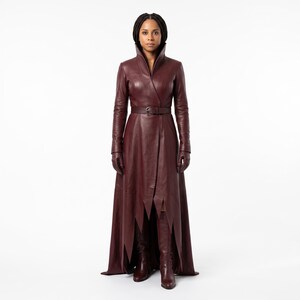 Burgundy Leather Gothic Duster Coat | Victorian Style, Floor-Length Belted Jacket
