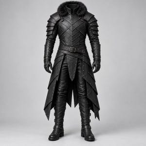 Pode incluir: Um casaco preto de manga comprida com painéis sobrepostos tipo armadura com rebites, gola alta com rebordo em pelo sintético e cinto com fivela. O conjunto inclui calças pretas a condizer e botas altas com fivelas, apresentando rebites metálicos visíveis em todo o design.