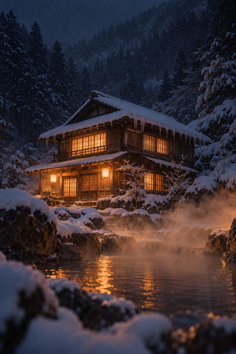 Hot Spring Pool Party Snowy Hot Spring Inn Wall Art, Japanese Winter Night Landscape Print - Etsy