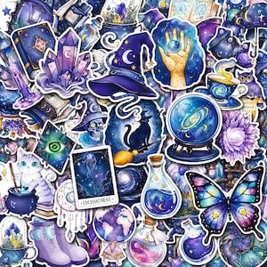 May include: A collection of stickers featuring purple and blue celestial and magical imagery, including a wizard hat, crystal ball, tarot card labelled ENCHANTMENT, potion bottles, a black cat, a butterfly, and a cat stirring a cauldron.