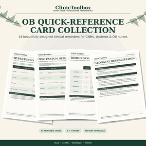Peut inclure: Une collection de 14 cartes de référence rapide OB par ClinicToolbox, mesurant 12,7 x 17,8 cm. Les cartes présentent des informations cliniques sur des sujets tels que les troubles hypertensifs, l'hémorragie du post-partum et la réanimation néonatale.