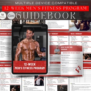Peut inclure: Un guide de programme de fitness de 12 semaines présentant une tablette numérique affichant une personne musclée tenant un haltère. Le document comprend des programmes d'entraînement, des objectifs d'endurance et des instructions avec du texte rouge et blanc.