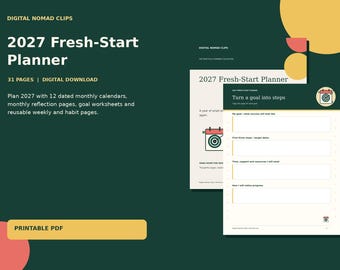 Puede incluir: Un planificador digital 2027 Fresh-Start de 31 páginas en PDF imprimible con calendarios mensuales, páginas de reflexión y hojas de trabajo. El documento incluye una página titulada Turn a goal into steps con secciones para metas y recursos.