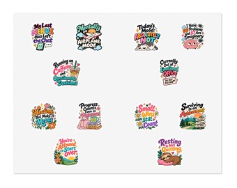 Puede incluir: Una colección de doce pegatinas de vinilo coloridas con diversas ilustraciones y textos humorísticos, incluyendo My Last Nerve Has Left The Chat, Mentally On Airplane Mode, Today's Mood Absolutely Not y I Have 99 Problems And 87 Are Imaginary.