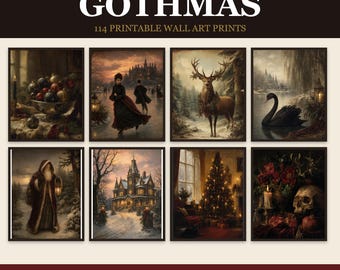 Puede incluir: Una colección de 114 láminas de arte mural imprimibles titulada Moody Gothic Christmas GOTHMAS. La imagen muestra ocho marcos rectangulares con escenas oscuras y atmosféricas, incluyendo adornos navideños, una patinadora, un ciervo, un cisne, una figura encapuchada, una mansión, un árbol de Navidad iluminado y una calavera con flores.