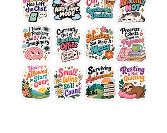 Puede incluir: Un conjunto de 12 pegatinas imprimibles coloridas con varias ilustraciones y frases que incluyen My Last Nerve Has Left the Chat, Mentally on Airplane Mode, Running on Caffeine, Today's Mood Absolutely Not y otras citas motivadoras.