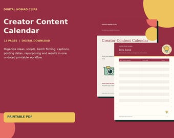 Puede incluir: Un calendario de contenido para creadores de 13 páginas en formato PDF imprimible. El documento presenta un esquema de colores granate y crema con un icono de bombilla, un gráfico de cámara y texto que incluye "Creator Content Calendar".
