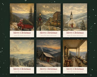 Puede incluir: Un juego de seis tarjetas navideñas imprimibles tituladas Smoky Mountain Christmas. Cada tarjeta presenta un paisaje invernal con el texto Merry Christmas from the Smoky Mountains. Los diseños incluyen un camión rojo, una calle, una iglesia, montañas, una cabaña y un porche.