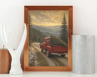 Puede incluir: Una lámina enmarcada que muestra una camioneta roja antigua transportando un pino por un camino de tierra a través de un bosque de montaña al atardecer. La obra está en un marco de cobre metálico, flanqueada por una escultura de asta blanca y una vela plateada.