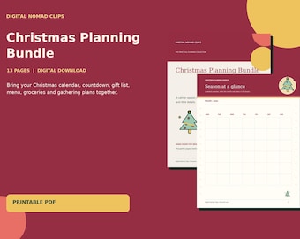 Puede incluir: Un paquete digital de planificación navideña de 13 páginas en formato PDF imprimible. El documento presenta un fondo granate con texto en blanco, incluyendo el título, una cuadrícula de calendario titulada Season at a glance y un icono de árbol de Navidad verde.