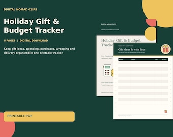 Puede incluir: Un rastreador digital de regalos y presupuesto navideño de 8 páginas. El PDF imprimible presenta un fondo verde oscuro con texto blanco, que incluye una tabla de ideas de regalos, un icono de calculadora y un gráfico de regalo.