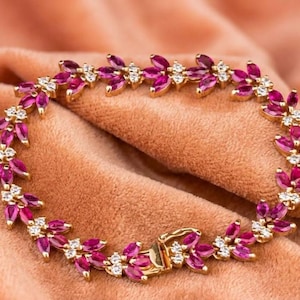 14K Yellow Gold Red Ruby Marquise Tennis Bracelet, Red Ruby Stackable Bracelet, Elegant Gemstone Bracelet for Women, Luxury Gift for Her