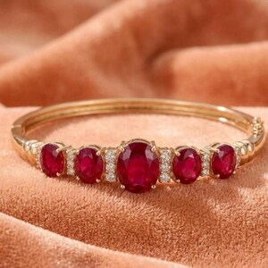 14k Yellow Gold Plated 925 Sterling Silver Ruby Bangle, 5 Stone Oval Ruby Cuff Bracelet, Vintage Style Diamond Accent Statement Bangle