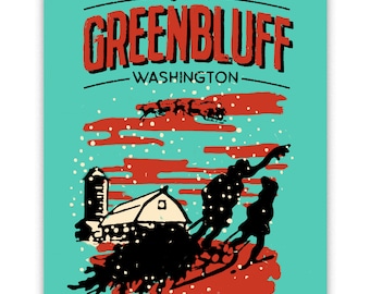 May include: A vintage-style illustration of a snowy scene with a farmhouse and two people sledding. The text "GREENBLUFF - WASHINGTON" is at the top of the image.