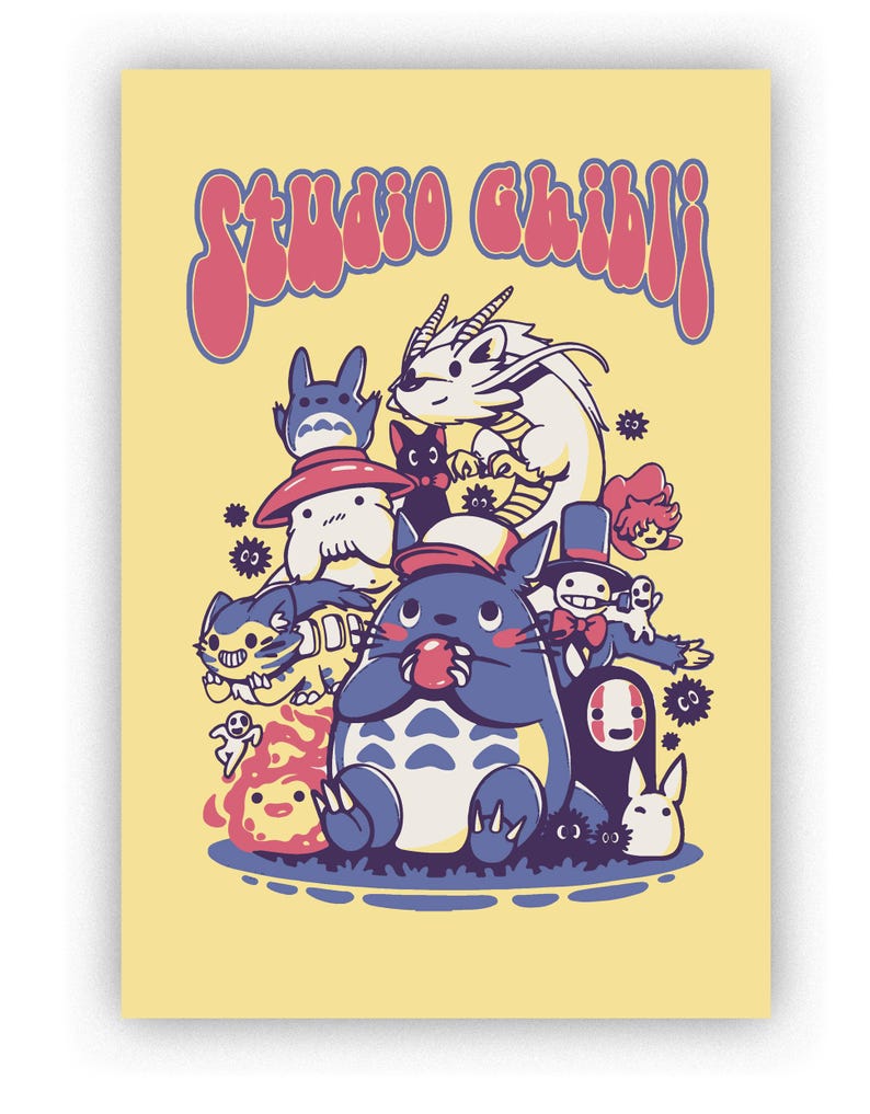 May include: A poster featuring a collection of Studio Ghibli characters on a yellow background. The text "Studio Ghibli" is written in a retro font. The characters include Totoro, No-Face, and other recognizable figures.