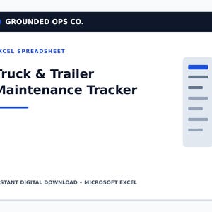 以下が含まれることがあります： Grounded Ops Co.によるTruck & Trailer Maintenance TrackerというタイトルのデジタルExcelスプレッドシート。インターフェースは、濃い青色のヘッダー、白い背景、および青と灰色の水平線が表示された薄い灰色のサイドバーで構成されています。